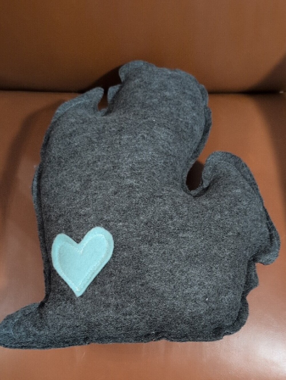 Handmade Michigan State Gray Felt Decorative Pillow with Teal Heart Accent - Picture 2 of 5